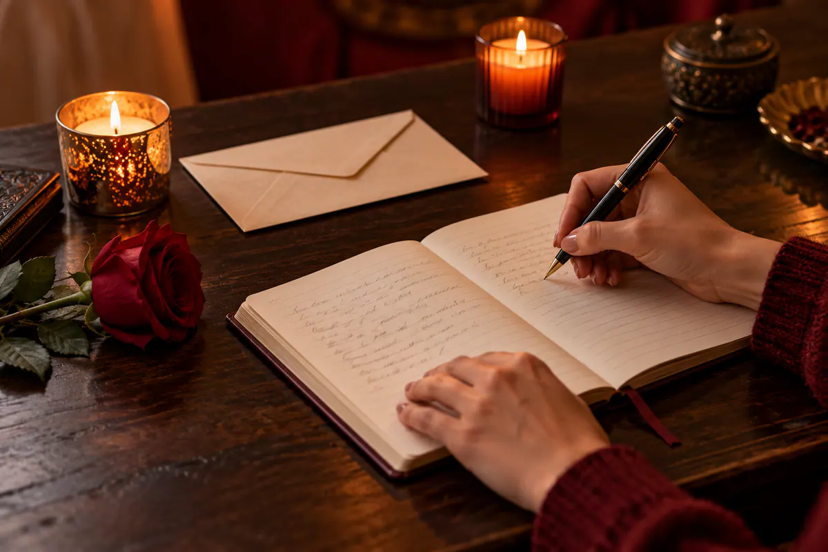 Pessoa anotando perguntas em um caderno ao lado de uma rosa e duas velas antes de uma consulta amorosa